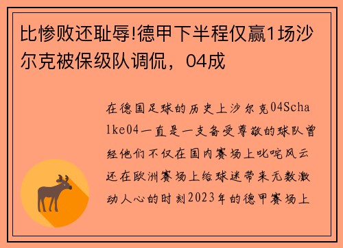 比惨败还耻辱!德甲下半程仅赢1场沙尔克被保级队调侃，04成