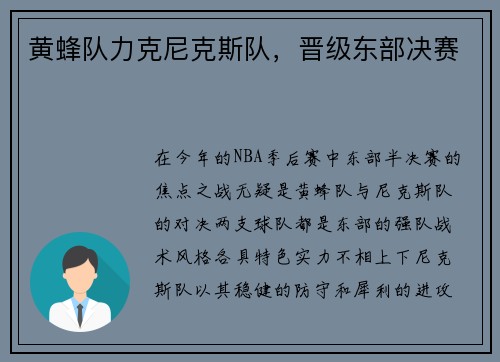 黄蜂队力克尼克斯队，晋级东部决赛