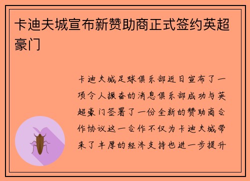 卡迪夫城宣布新赞助商正式签约英超豪门