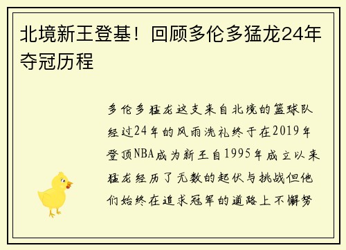 北境新王登基！回顾多伦多猛龙24年夺冠历程