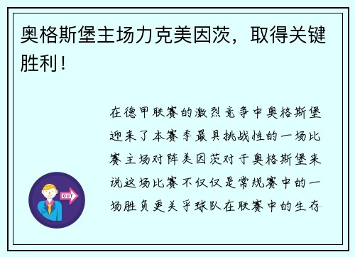 奥格斯堡主场力克美因茨，取得关键胜利！