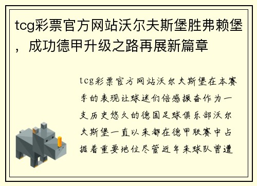 tcg彩票官方网站沃尔夫斯堡胜弗赖堡，成功德甲升级之路再展新篇章
