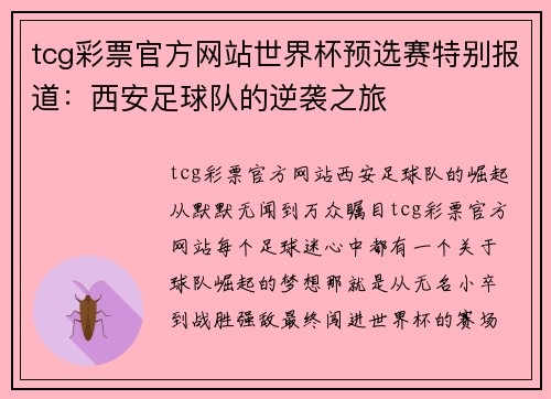 tcg彩票官方网站世界杯预选赛特别报道：西安足球队的逆袭之旅
