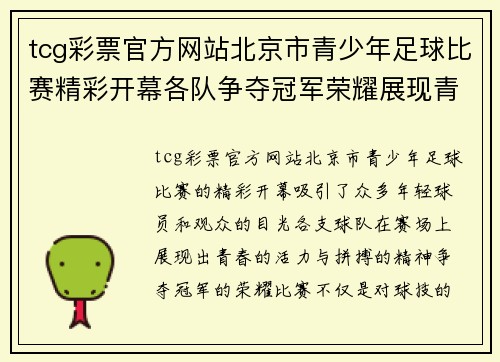 tcg彩票官方网站北京市青少年足球比赛精彩开幕各队争夺冠军荣耀展现青春风采