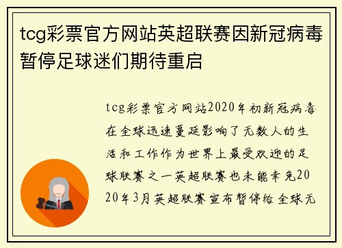 tcg彩票官方网站英超联赛因新冠病毒暂停足球迷们期待重启