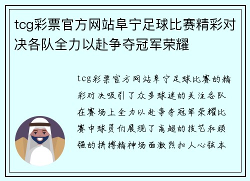 tcg彩票官方网站阜宁足球比赛精彩对决各队全力以赴争夺冠军荣耀